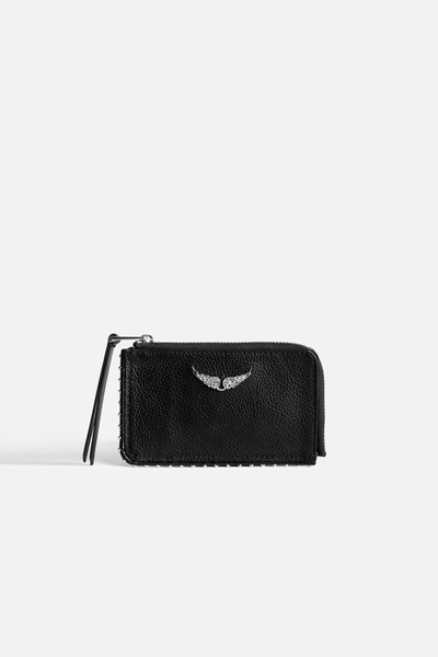 Zadig&Voltaire black grained leather card holder, two card