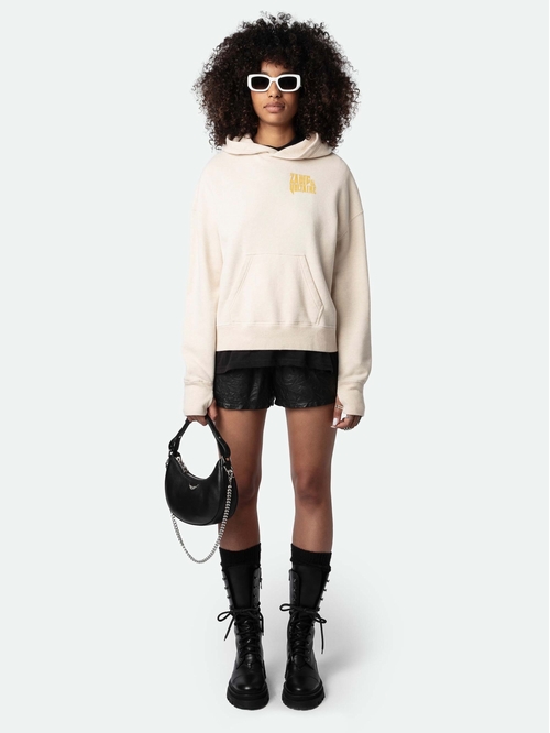 Long-sleeved oversized beige hooded zip-up sweatshirt with