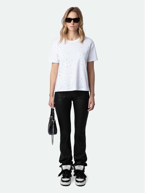 Women's short sleeved t-shirt with silver studs throughout.