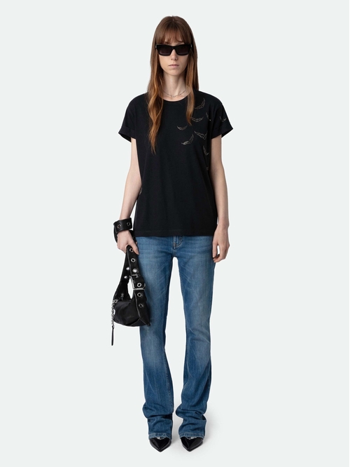 Short-sleeved baggy T-shirt with diamante wings on the