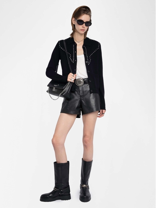 Knit jacket with shirt collar and metallic stud details. -