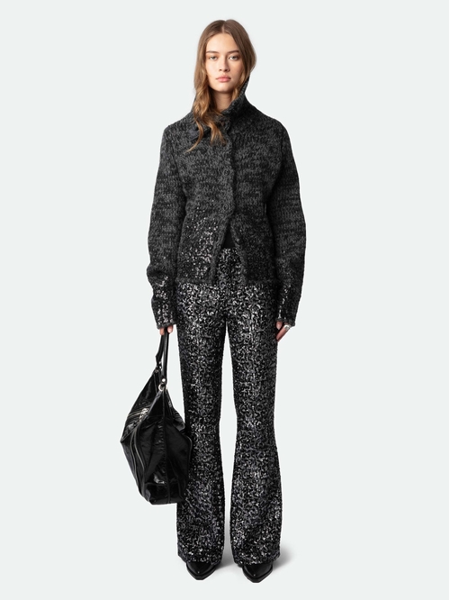 Short jacket in anthracite tweed-effect knit with funnel