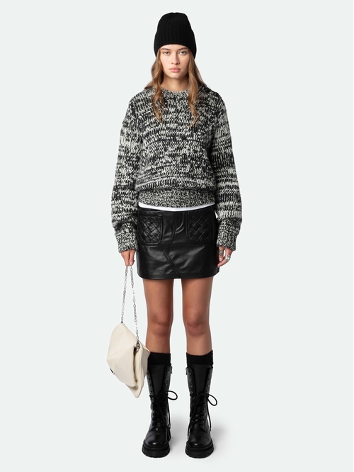 Black tweed-effect knit jumper with long puffed sleeves and