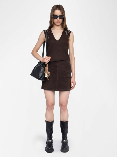 Sleeveless V-neck jumper with rhinestones. - Sleeveless