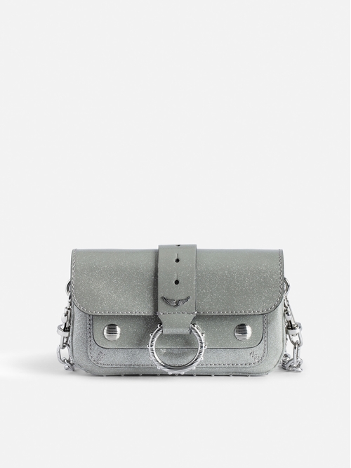 Silver metallic patent leather mini bag with metal chain. -