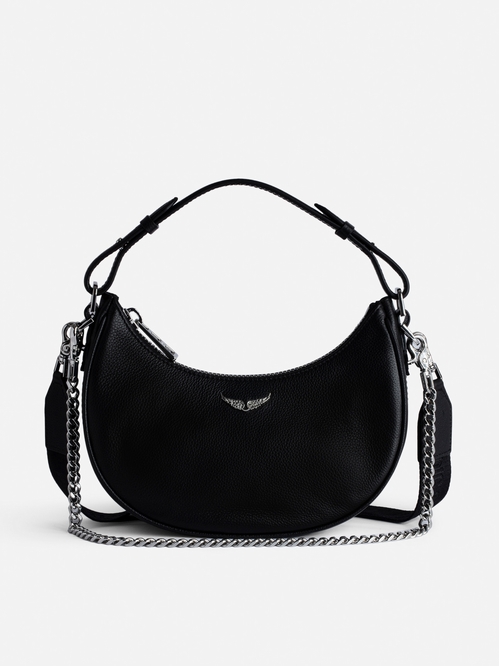 Women's half-moon bag in black grained leather with a short