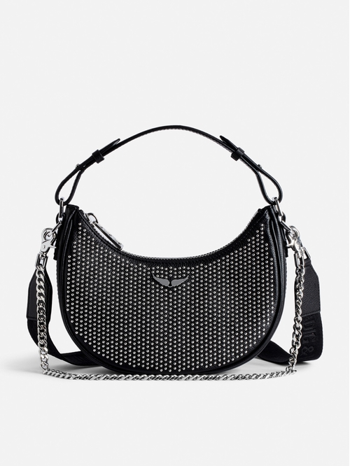 Women's half-moon bag in black grained leather with a short