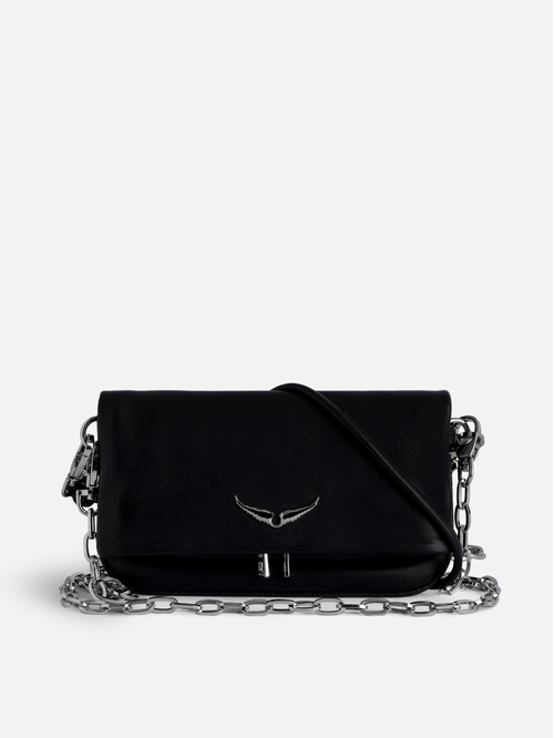 Small black smooth leather clutch with tied handle and