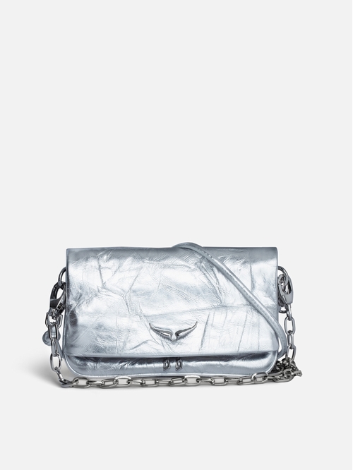 Rock Nano small silver metallic crinkled leather clutch with