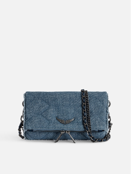 Small blue glitter denim quilted clutch with double leather