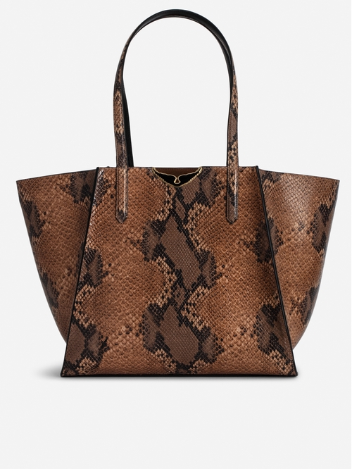 Faux snakeskin, brown leather tote bag embellished with