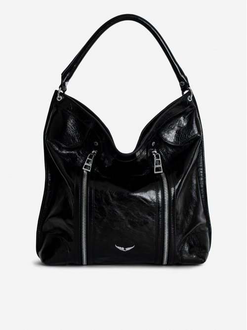 Vintage-effect patent leather hobo bag with handle and