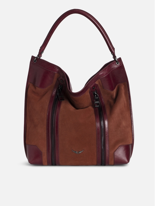 Suede and Vintage-effect patent leather hobo bag with handle