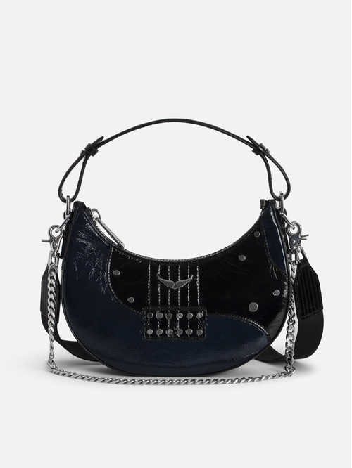 Glossy leather half-moon bag with handle, shoulder strap,