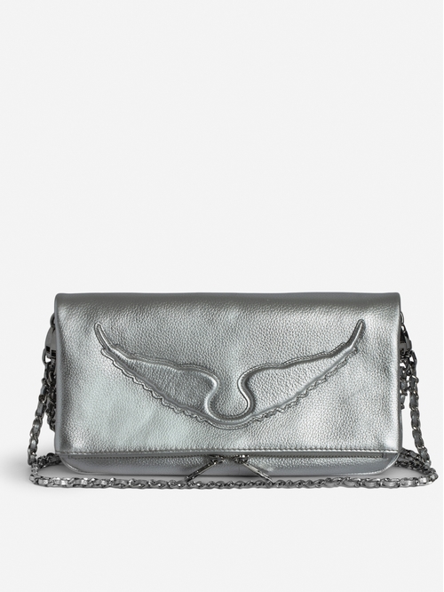 metallic grained leather clutch with double chain and