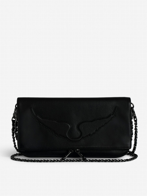 Black grained leather clutch with double chain and signature