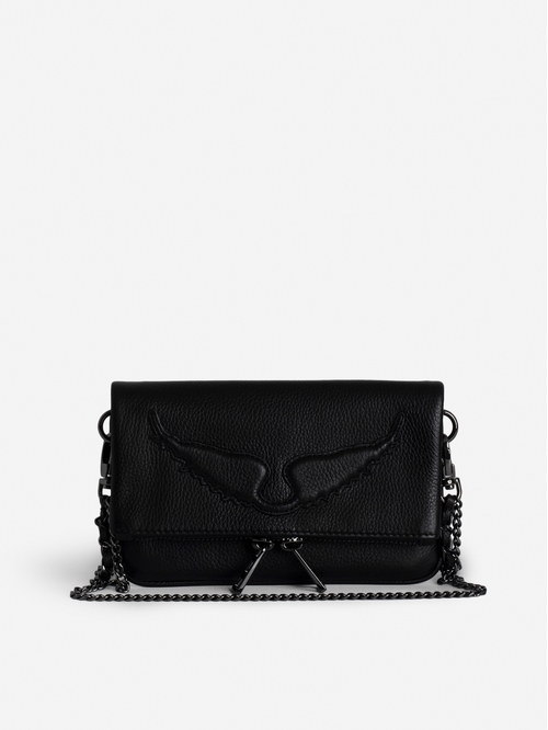 Small black grained leather clutch with double chain and