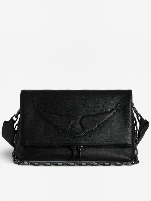 Black grained leather bag with chain, shoulder strap and