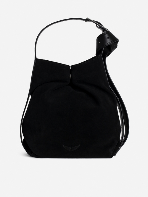 Black suede hobo bag with leather shoulder strap and metal C