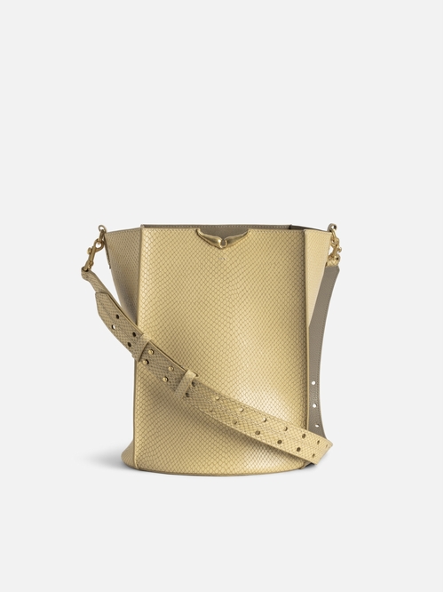 Python-effect leather bucket bag with adjustable strap and