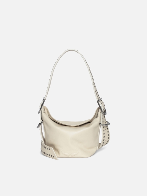 Leather bag with studded shoulder strap and debossed wing