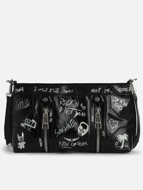 Vintage-effect patent leather bag with graffiti, adjustable