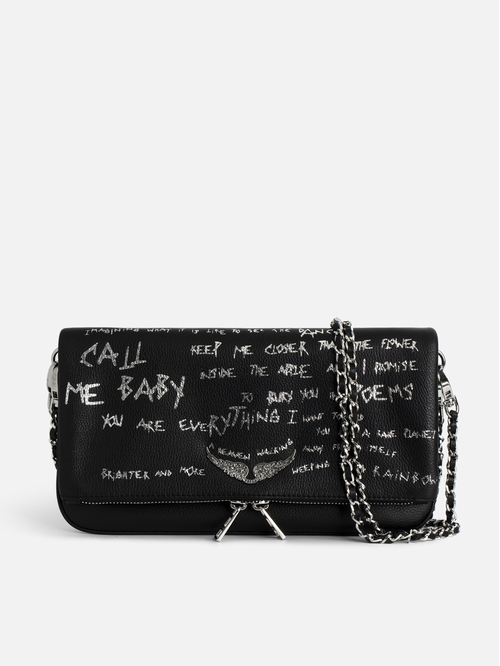 Graffiti-printed grained leather clutch with double chain in