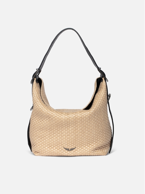 Basket-effect bag with leather strap and signature wings. -