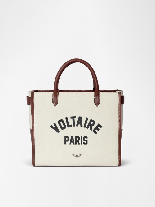 Canvas and grained leather tote bag with double handles,