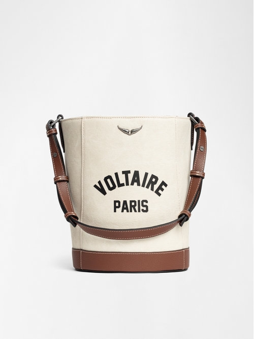 Canvas and grained leather bucket bag with adjustable strap