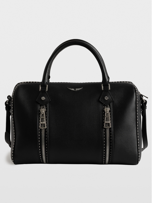 Grained leather bowling-style bag with studded details.