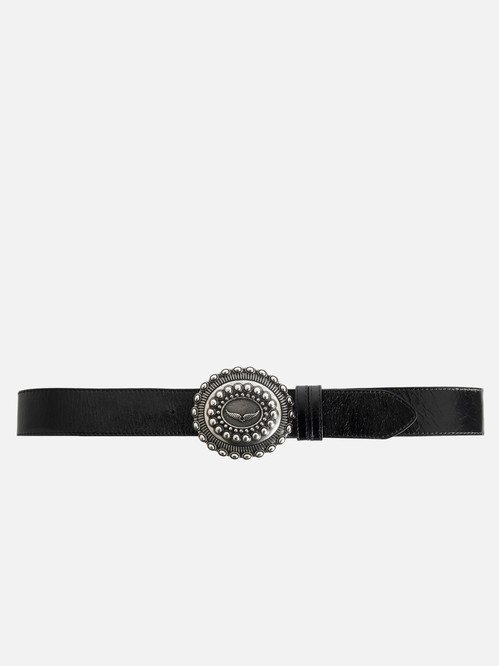 35mm wide belt in black vintage-effect leather with wing