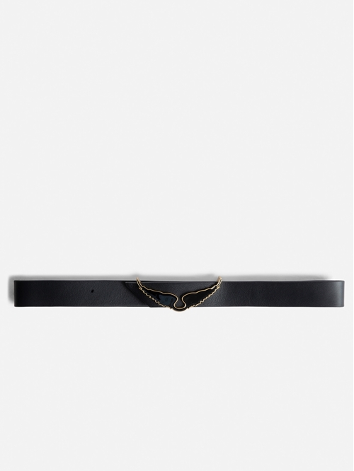 Women's black leather belt with wings charm. - Women's black