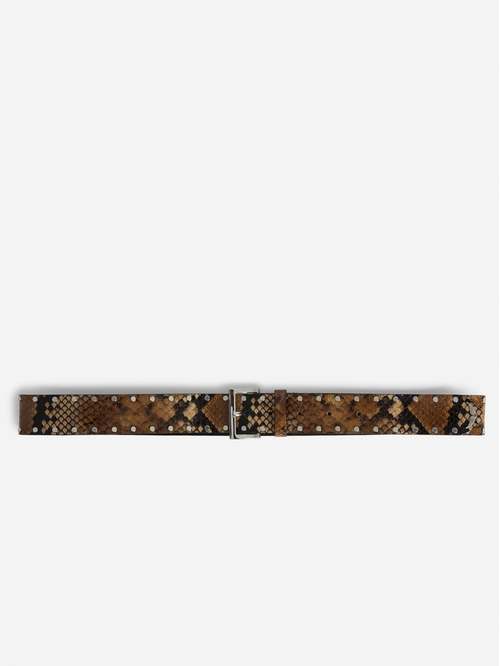 Brown faux snakeskin leather belt embellished with studs. -