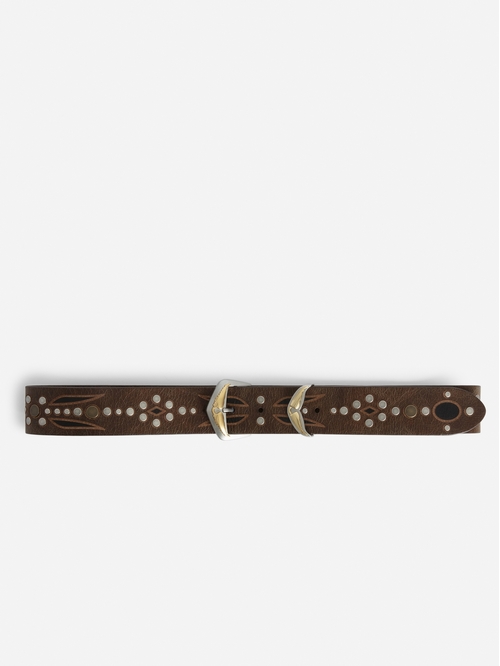 Brown vintage leather belt embellished with engraved motifs,