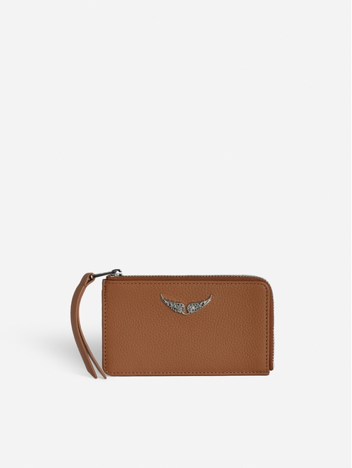 Women's grained leather card holder with wings charm. -
