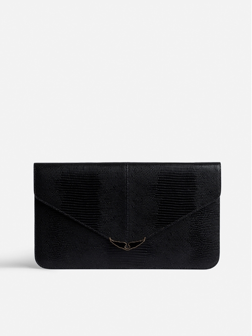 Women's envelope clutch in shiny black leather with embossed