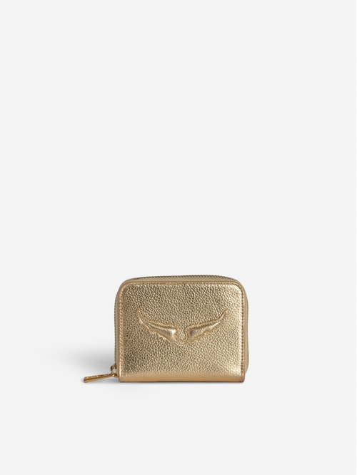 Coin purse in metallic grained leather with embossed wings