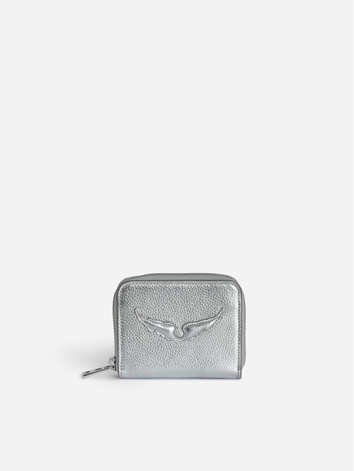 Coin purse in metallic grained leather with embossed wings