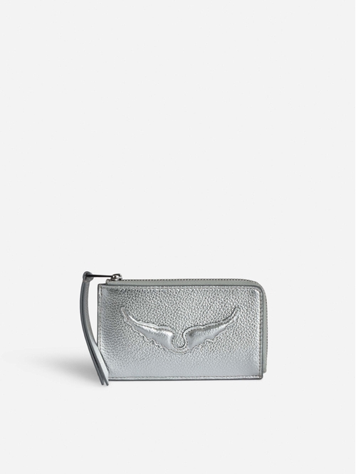 Metallic grained leather card holder with embossed wings