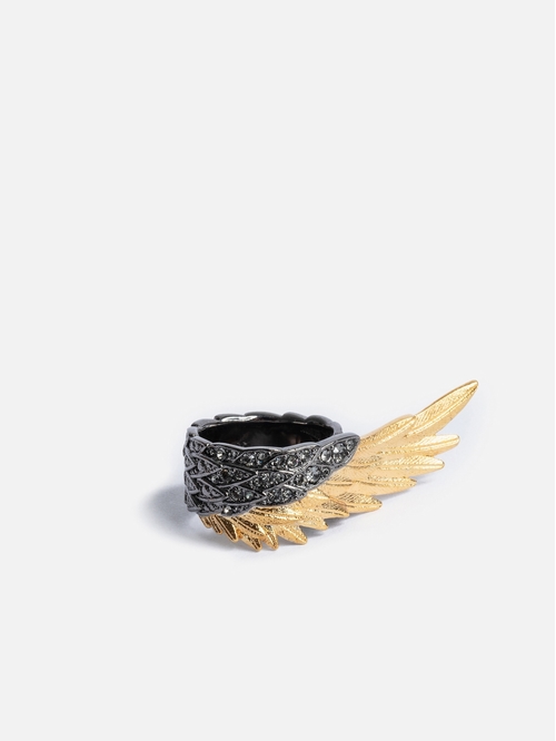 Crystal-embellished blackened and gold-tone brass ring. -