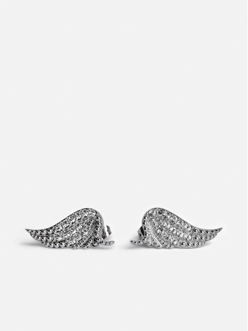 Silver-tone brass earrings with diamanté wings. Description