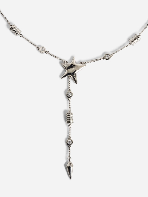 Long adjustable star necklace in silver-tone brass. - Long