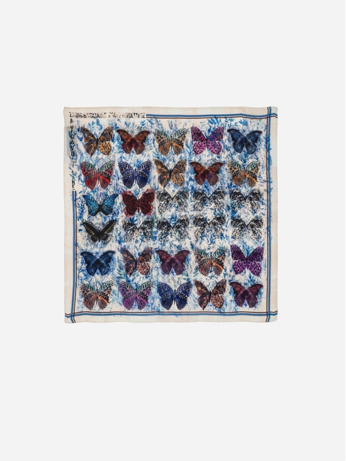 Square silk scarf with butterfly print and lace. - Women's