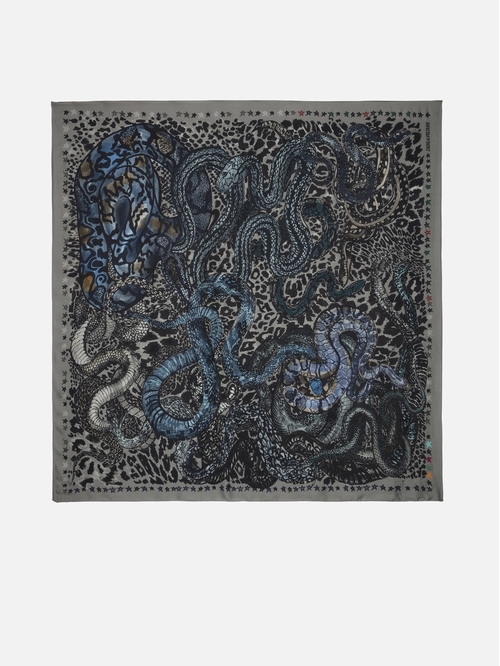 Square scarf in mixed silk with snake print.  Square scarf