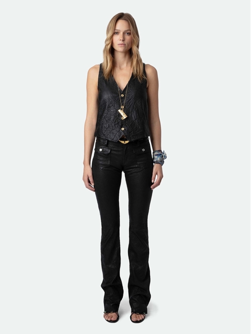 Sleeveless crinkled leather V-neck button-up waistcoat. -