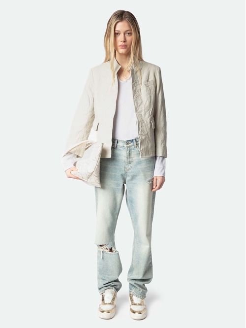 Women's off-white crinkled leather blazer. - Women's white