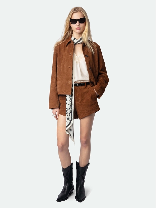 Asymmetric suede leather shorts. - Cognac camel suede