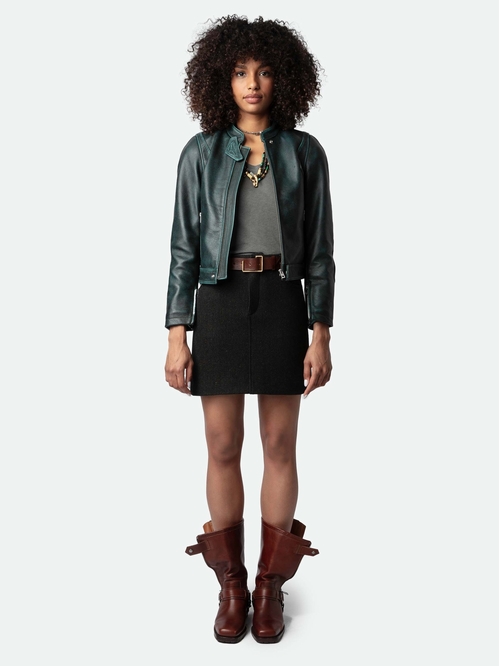 Long-sleeved short zipped jacket in dark green leather with