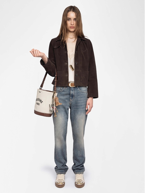 Short buttoned jacket in suede leather with embossed wing on
